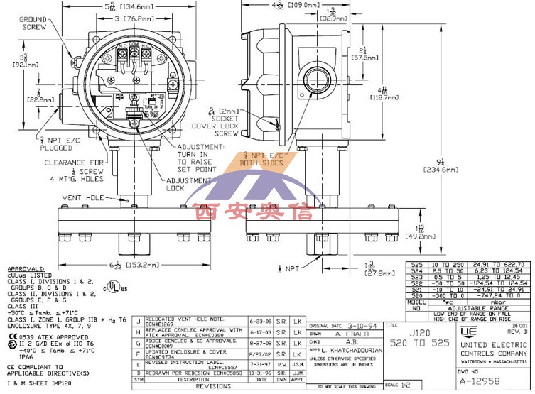 J120-520美国UE炉膛压力开关 -746mbar真空开关